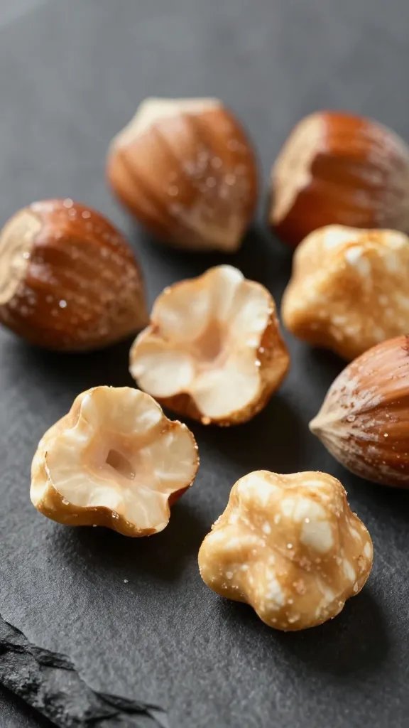 closeup toasted hazelnut halves on dark slate background