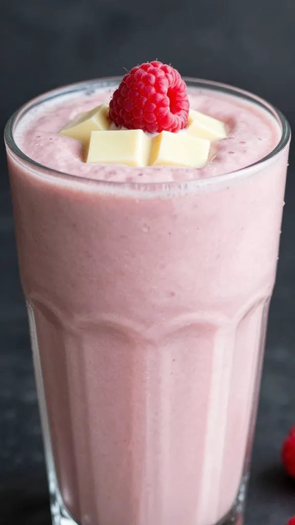 closeup raspberry white chocolate keto smoothie in clear glass