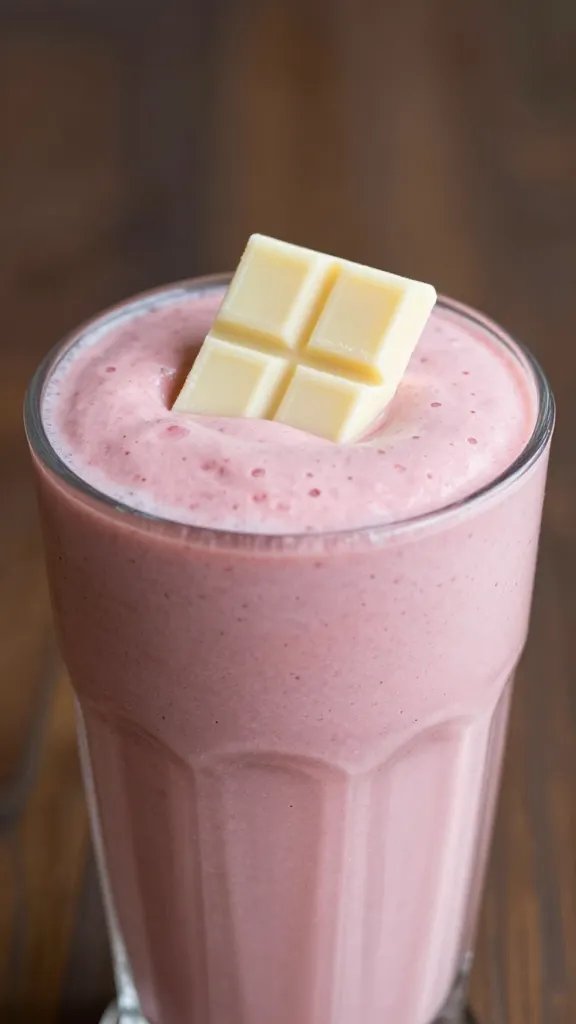 single white chocolate shard atop raspberry cream smoothie