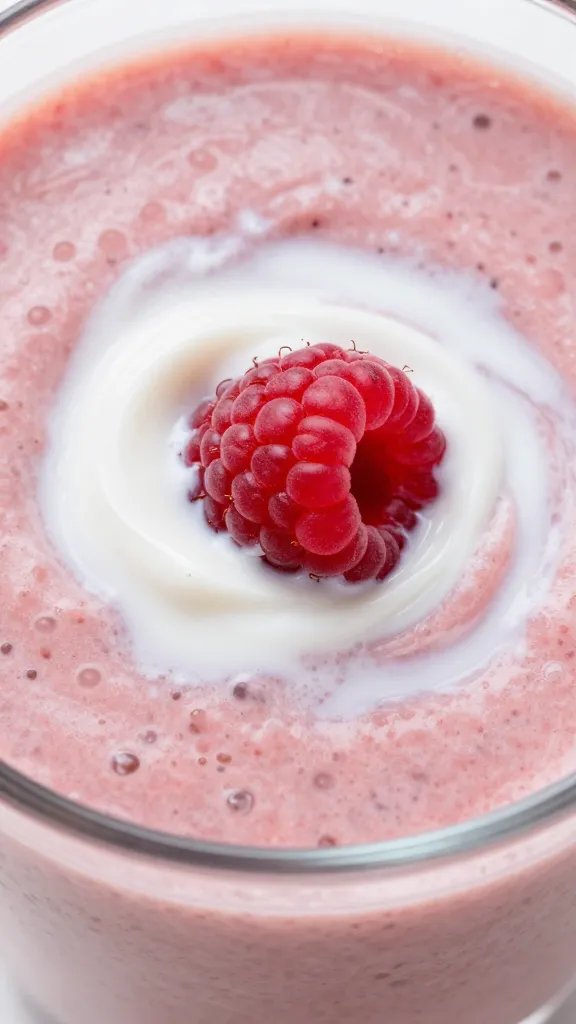 macro shot of raspberry keto smoothie with coconut milk swirls
