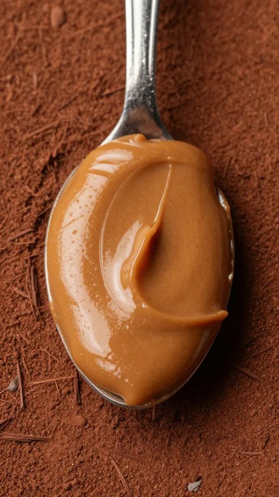 spoonful of glossy almond butter over cocoa-dusted surface