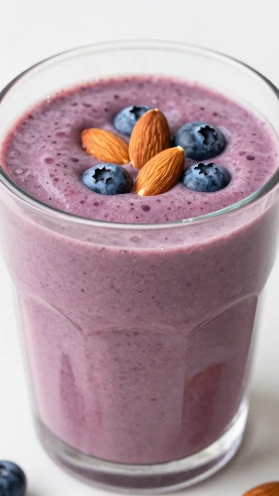 closeup blueberry almond keto smoothie in clear glass, natural light