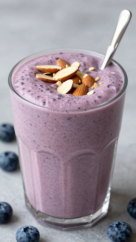 frosty blueberry keto smoothie topped with sliced almonds, macro shot