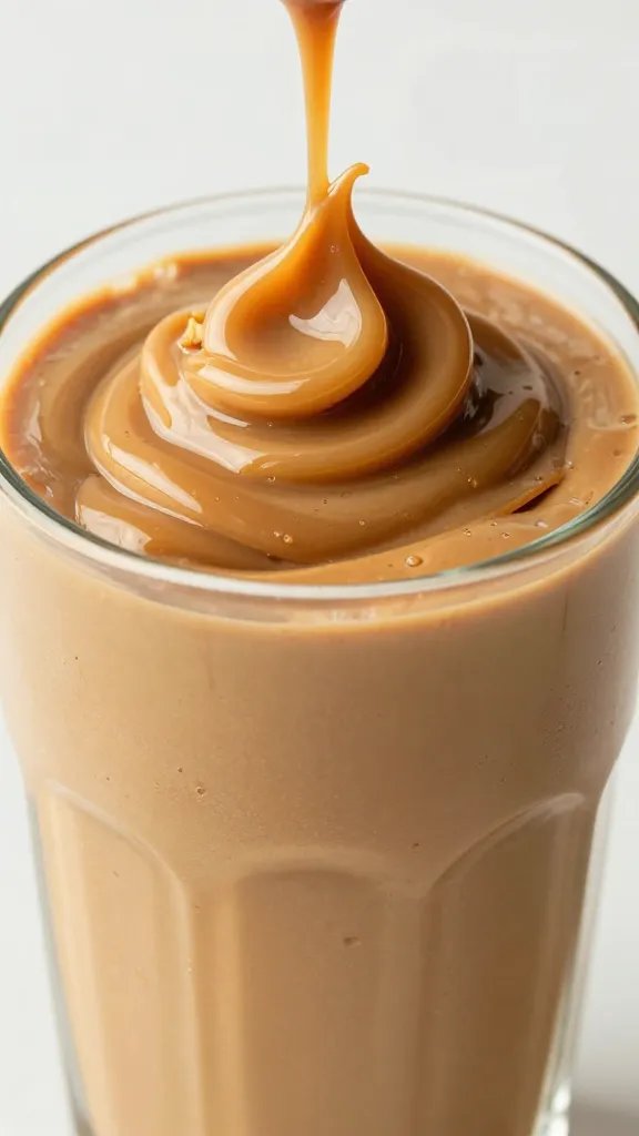 closeup peanut butter caramel keto smoothie in glass, thick swirl