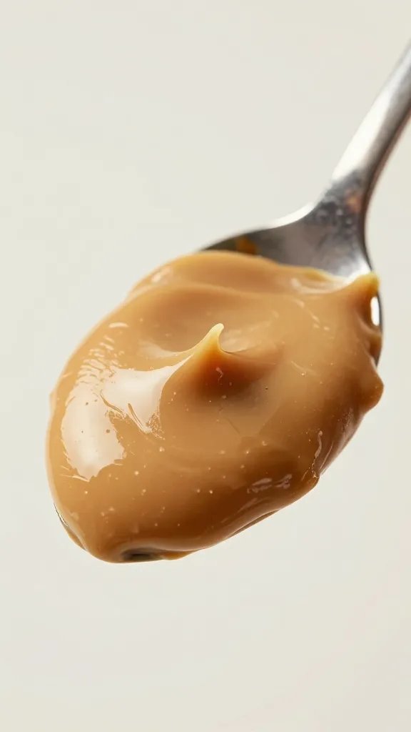single spoonful of creamy peanut butter, glossy, macro shot