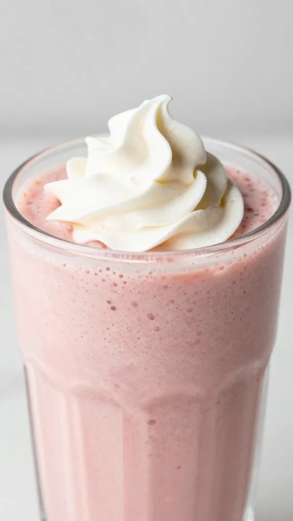 closeup strawberry vanilla swirl keto smoothie in clear glass