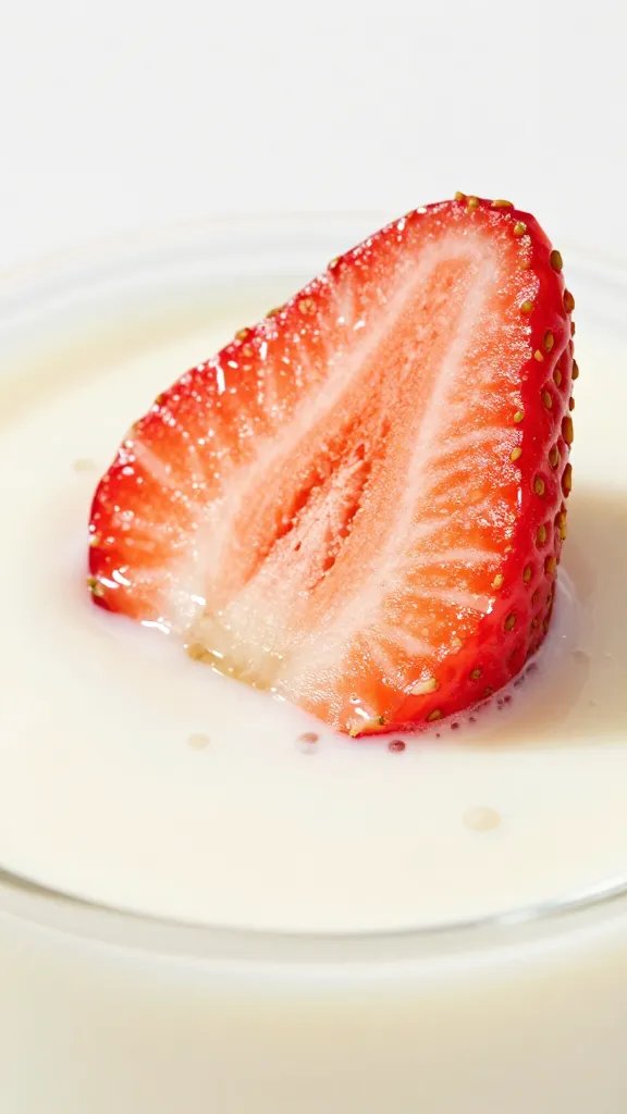 macro shot of strawberry slice atop vanilla keto milkshake