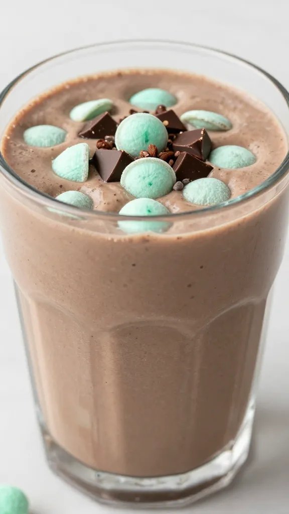 closeup keto chocolate mint chip smoothie in clear glass