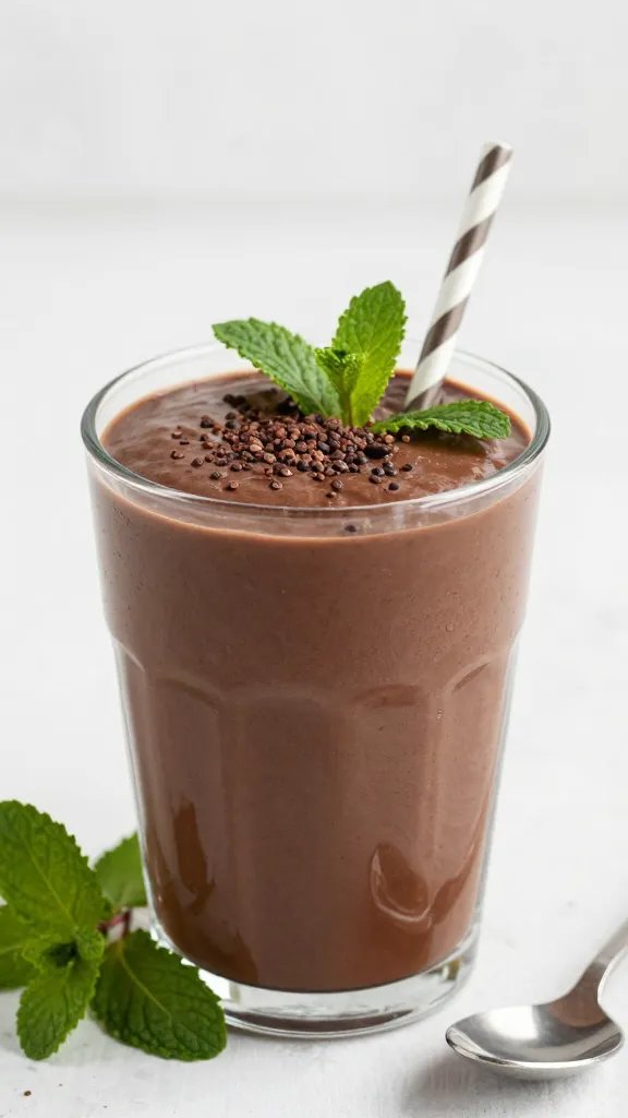 spoonful of thick mint chocolate smoothie with cacao nibs