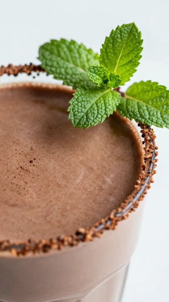 fresh peppermint sprig beside cocoa-dusted smoothie rim