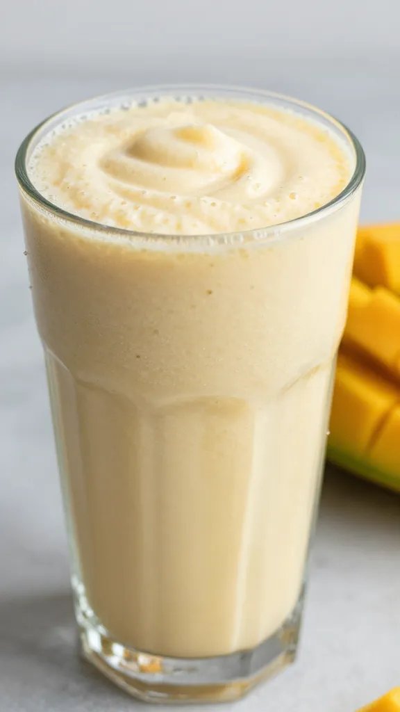 closeup keto mango coconut smoothie in clear glass, frosty