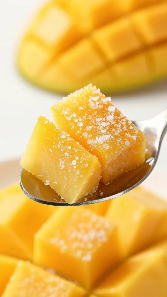 single spoonful of frozen mango chunks, frosty macro