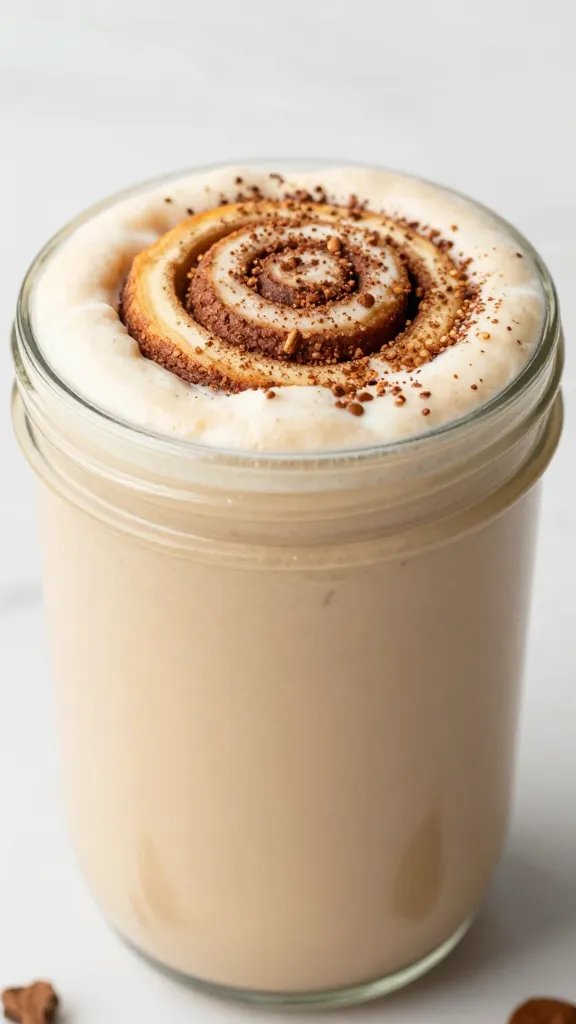 closeup keto cinnamon roll latte smoothie in glass jar