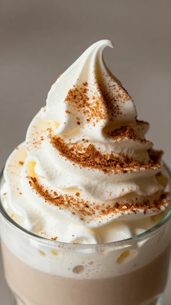 macro shot of cinnamon-dusted whipped cream swirl on smoothie