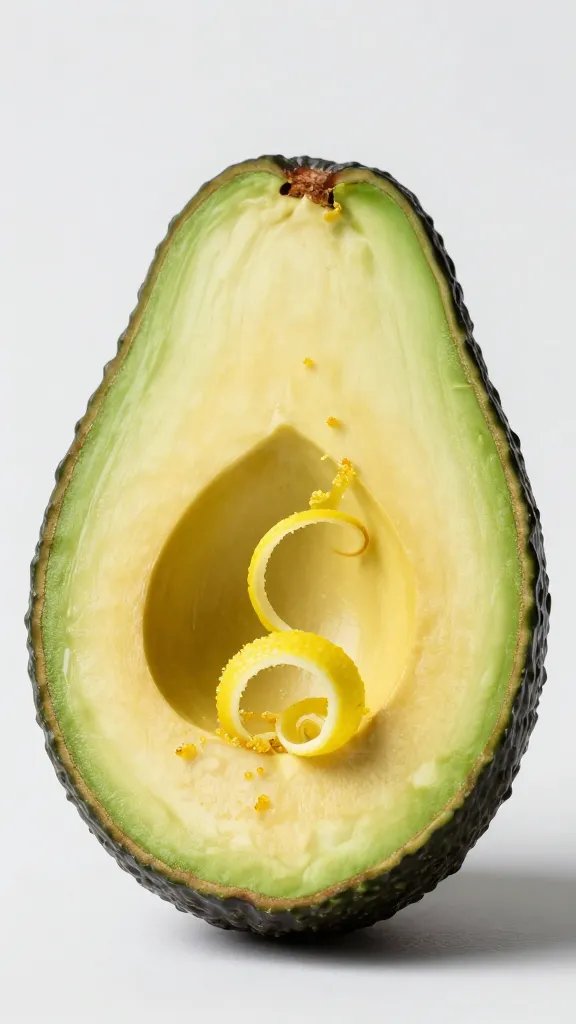 avocado half with lemon zest curls, studio lighting