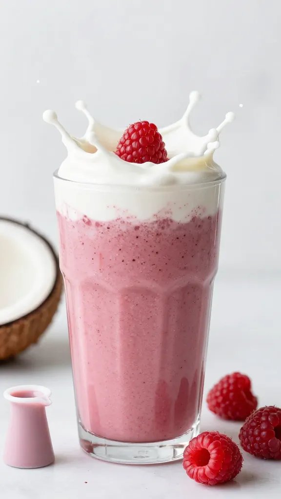 coconut milk splash topping raspberry smoothie, macro shot