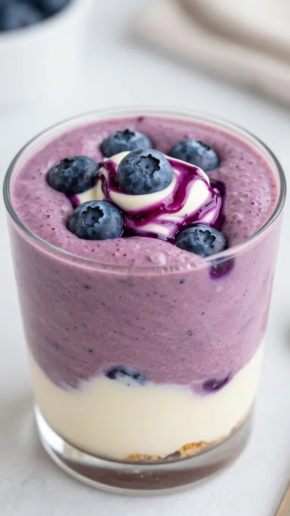 closeup blueberry cheesecake swirl keto smoothie in clear glass