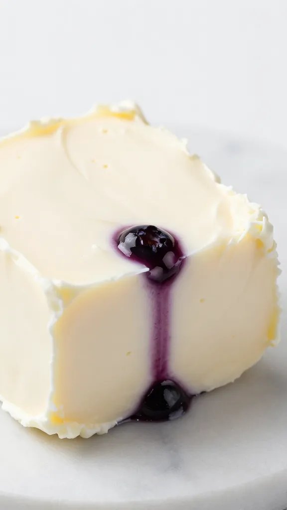 closeup cream cheese cube with blueberry streak on marble