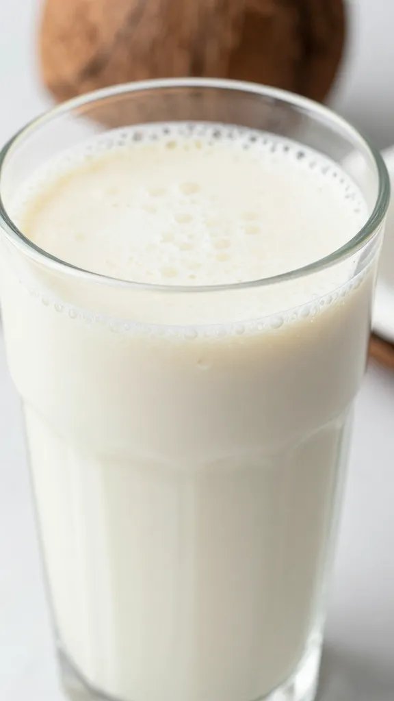 closeup vanilla coconut keto smoothie in clear glass, soft light