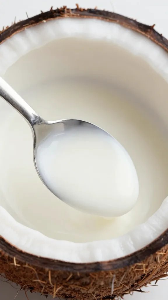 spoonful of thick coconut cream over stainless measuring spoon