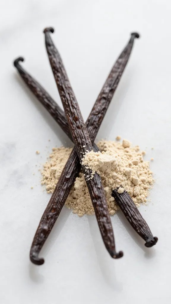 vanilla bean pod and powder on marble, macro shot