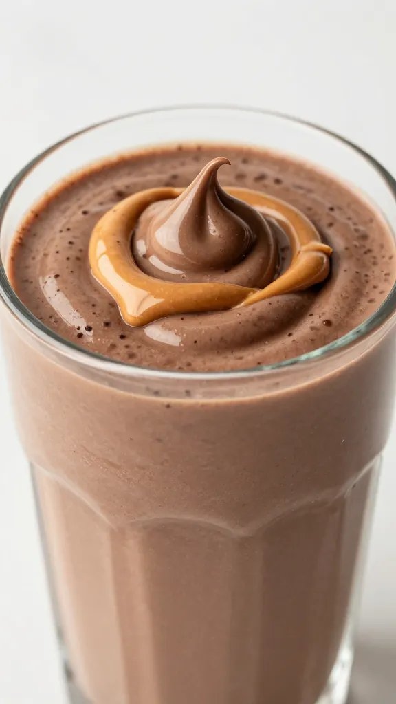 closeup keto chocolate peanut butter swirl smoothie in glass