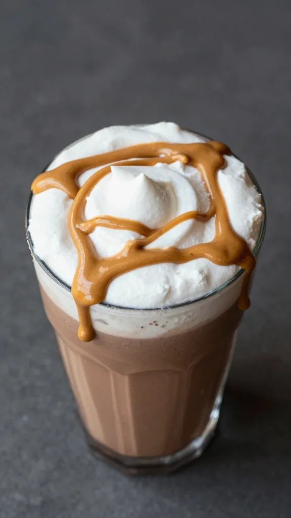 overhead shot of peanut butter drizzle on chocolate smoothie