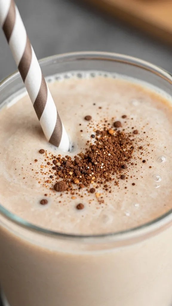 macro of cocoa-dusted keto smoothie with straw