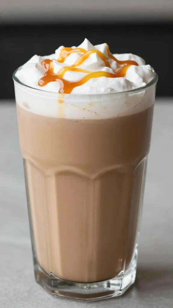 closeup salted caramel mocha keto smoothie in clear glass