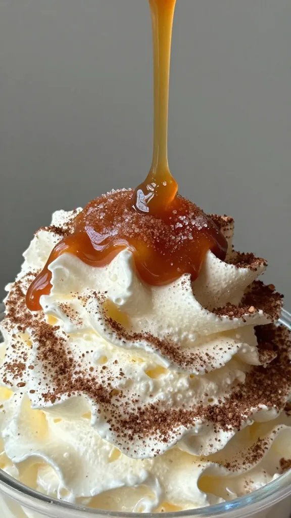 closeup drizzle of sugar-free caramel over cocoa-dusted whipped cream