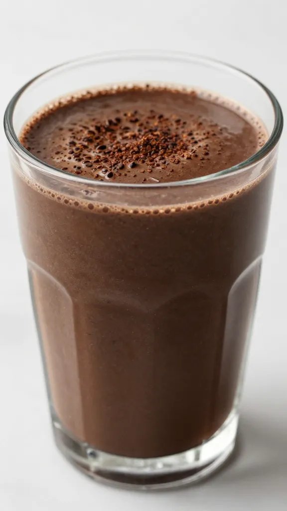closeup dark chocolate espresso keto smoothie in glass mug
