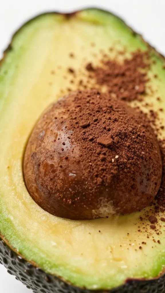 macro shot of avocado half with cocoa dusting