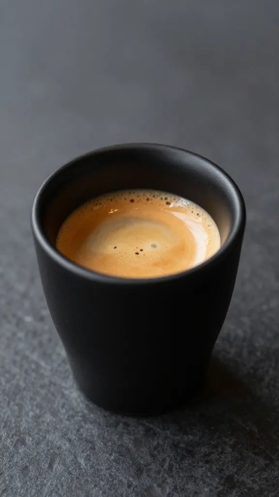 single espresso shot with crema in matte black demitasse