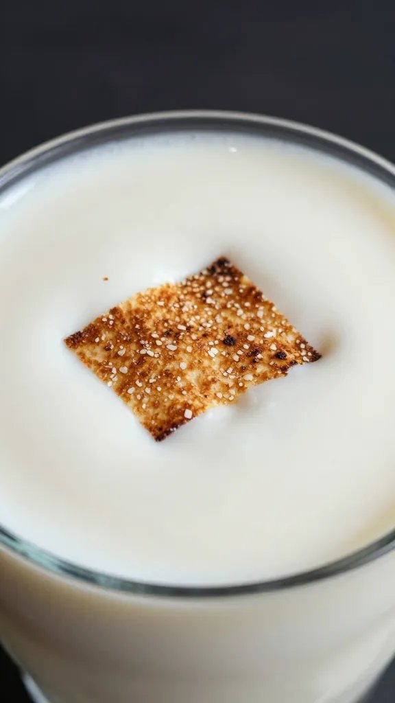 single toasted coconut flake garnish on smoothie surface