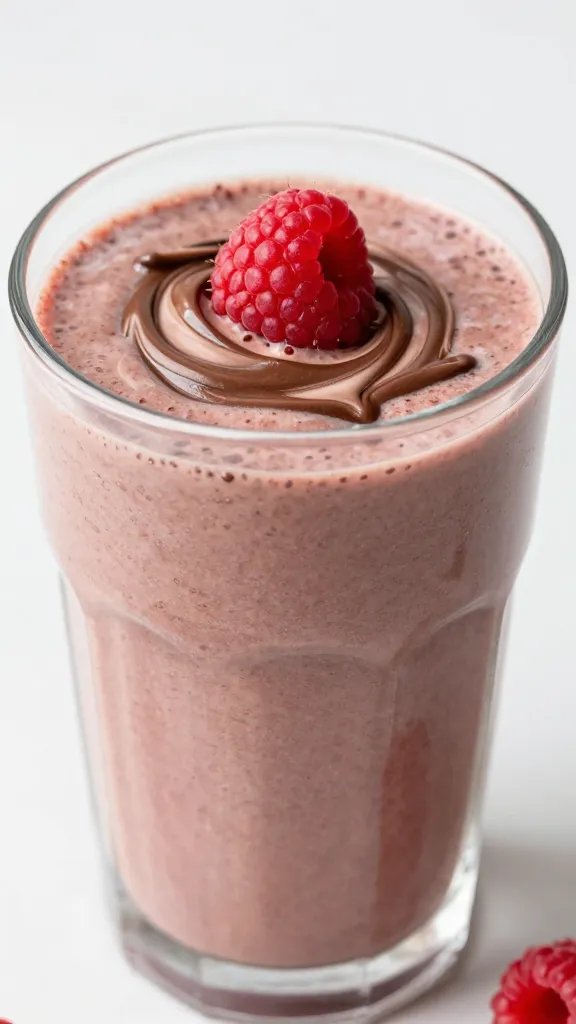 closeup raspberry chocolate swirl keto smoothie in clear glass