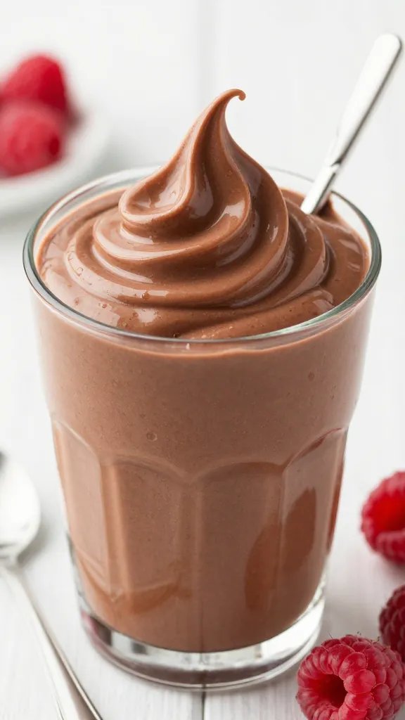 spoonful of thick raspberry cocoa keto smoothie, glossy swirl