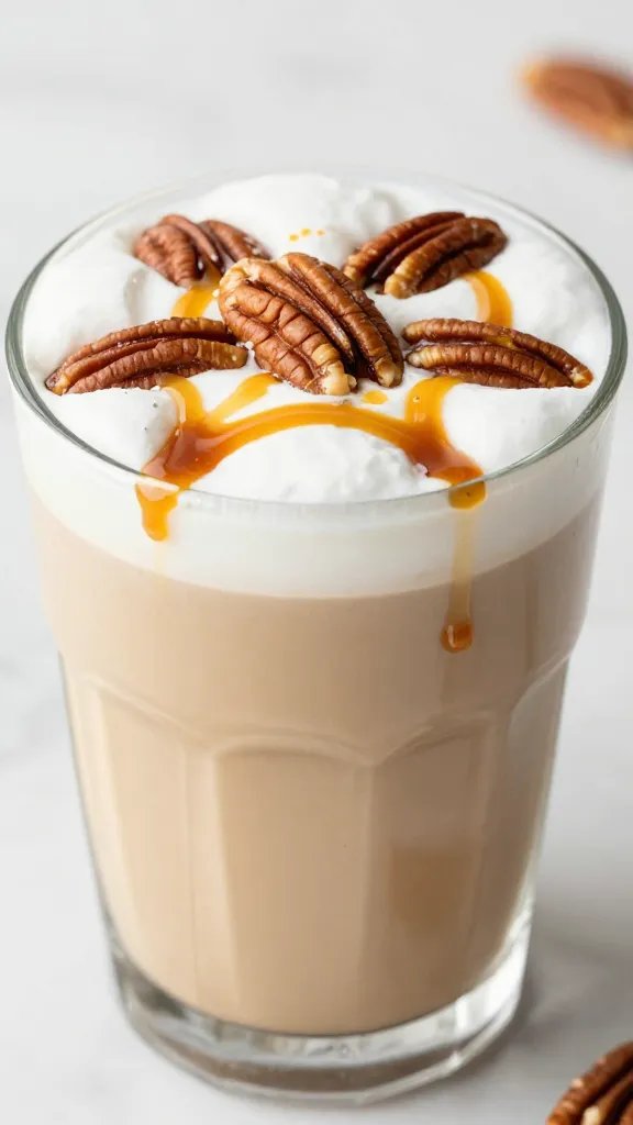 Closeup keto caramel pecan latte smoothie in clear glass