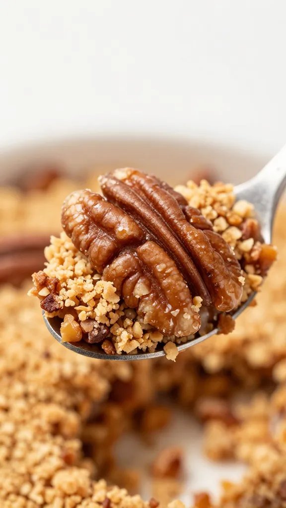 Single spoonful browned-butter pecan crumble, macro shot