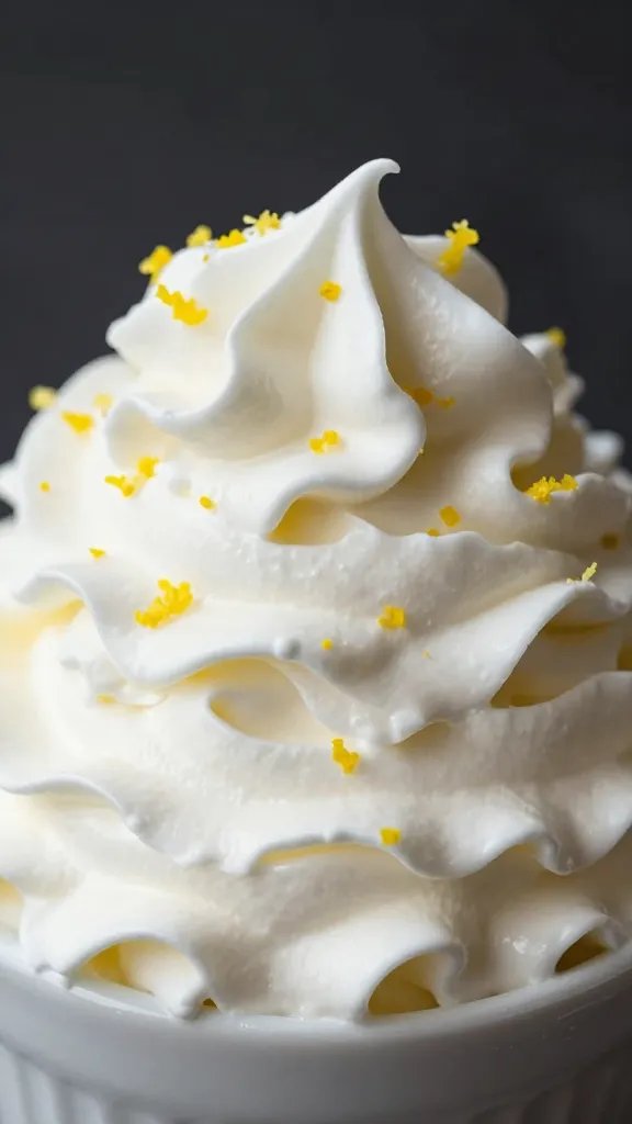 dollop of whipped cream topped with lemon zest, macro