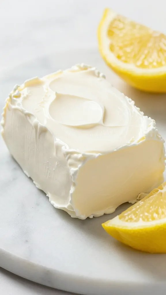 cream cheese block with lemon wedge on marble, closeup