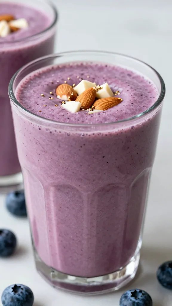 closeup blueberry vanilla almond keto smoothie in clear glass