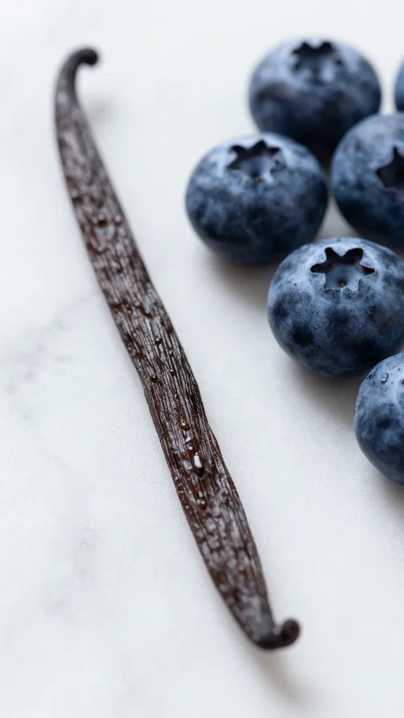 vanilla bean pod on marble beside fresh blueberries, macro shot