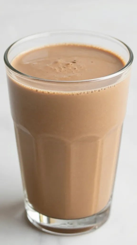 closeup peanut butter mocha keto smoothie in clear glass