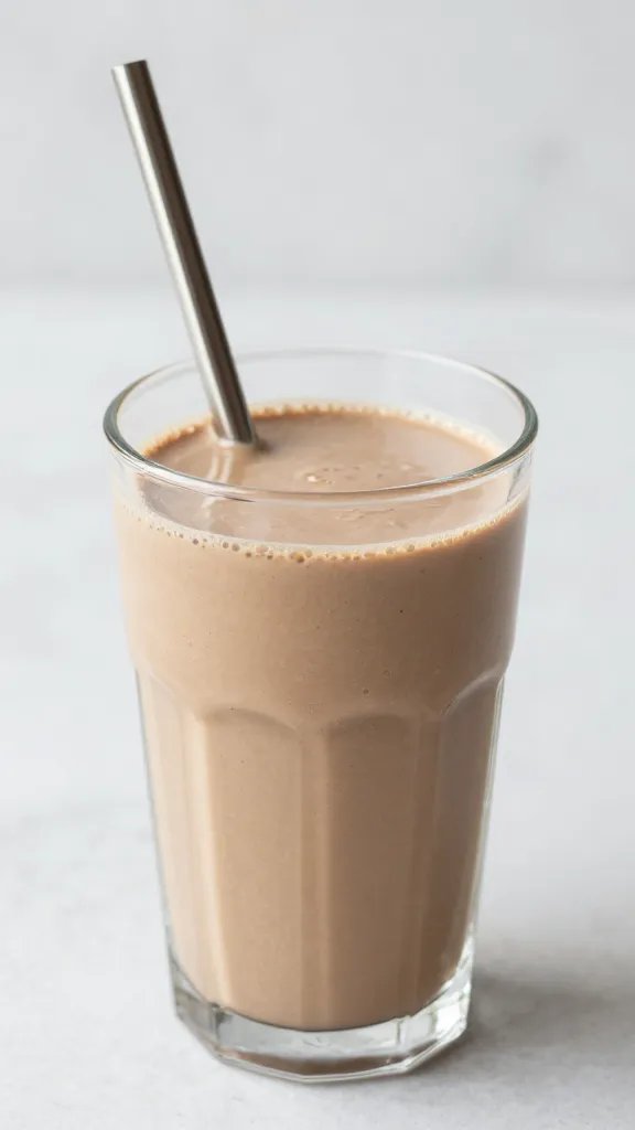 stainless straw in creamy mocha peanut butter keto shake
