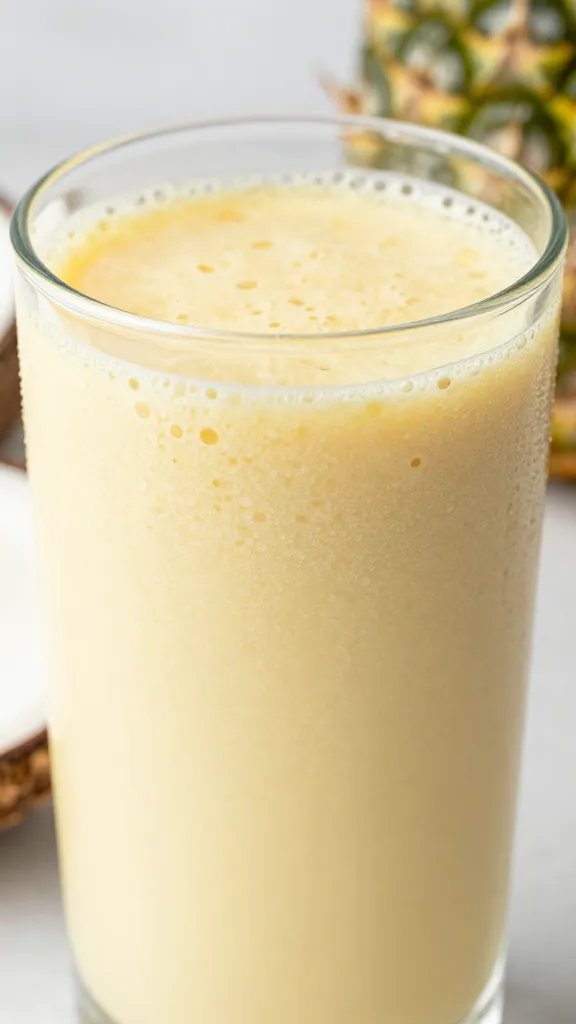 closeup keto pineapple-coconut smoothie in clear glass, condensation