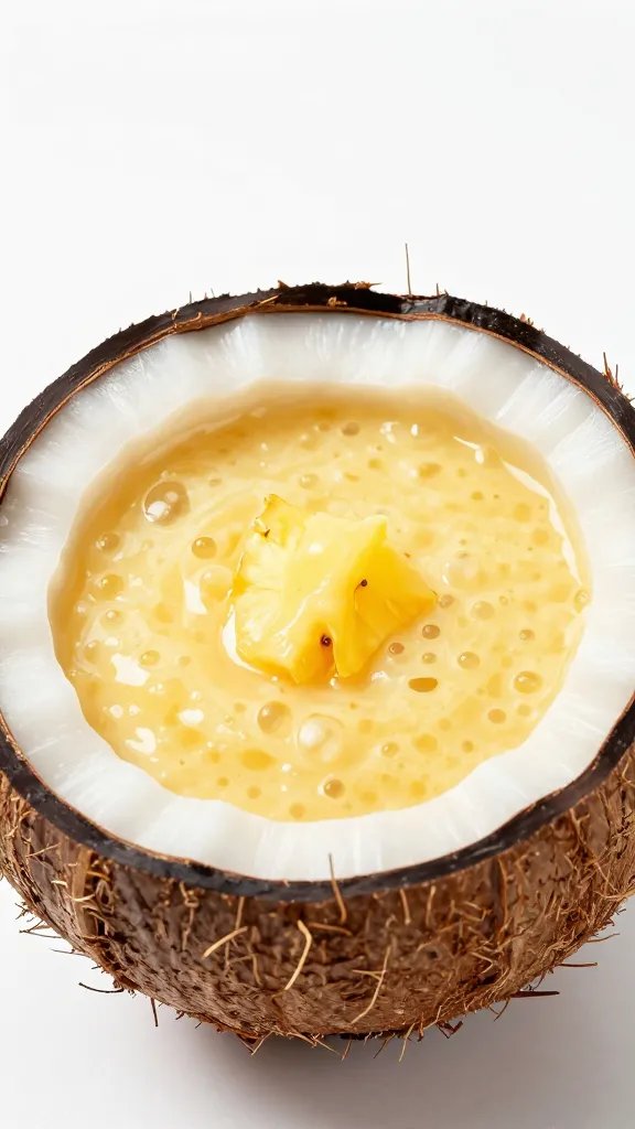 halved coconut filled with keto pineapple smoothie, studio lighting