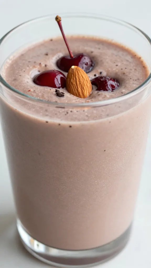 closeup keto chocolate cherry almond smoothie in clear glass