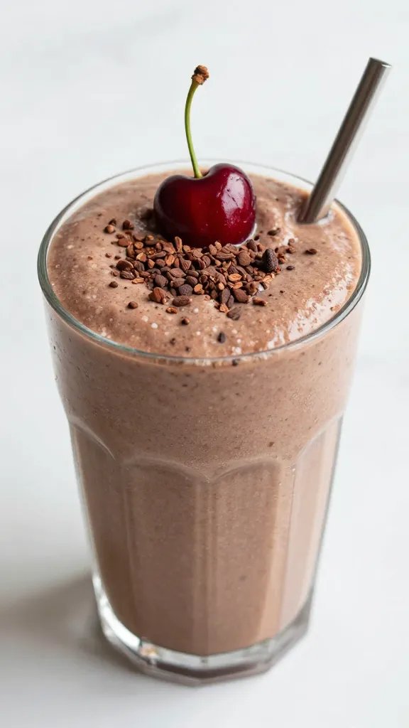 single cherry-topped keto smoothie with cacao nibs garnish