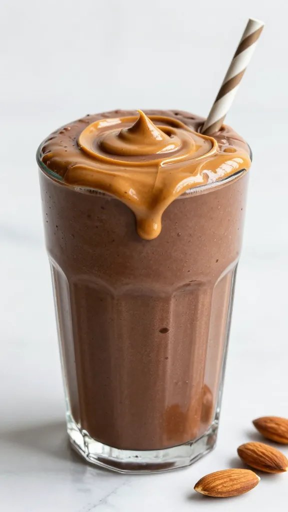 almond butter drizzle on chocolate keto smoothie, macro shot