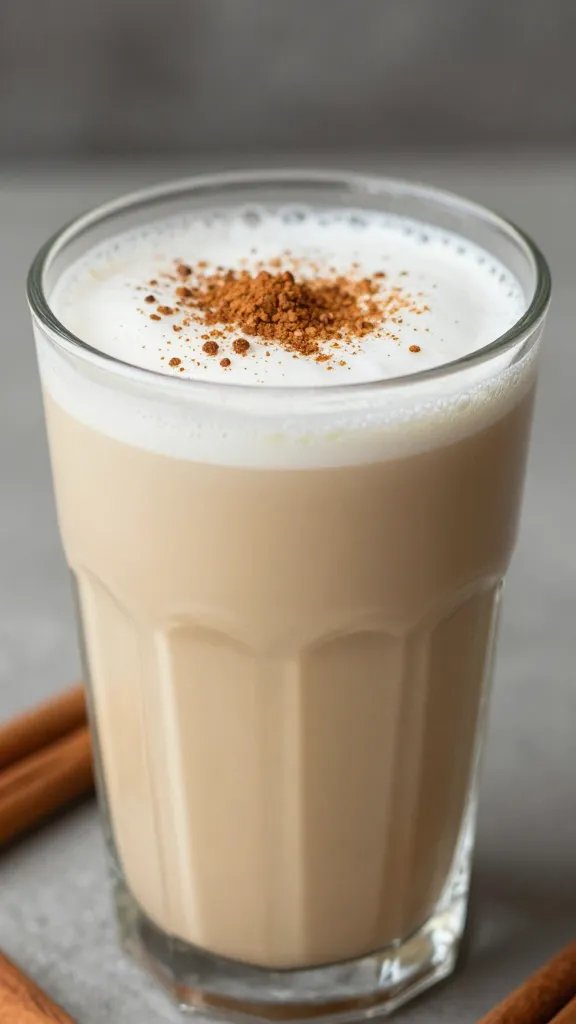 closeup cinnamon vanilla keto latte smoothie in clear glass